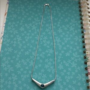 Sterling Silver Chevron Necklace with Blue Stone Accent